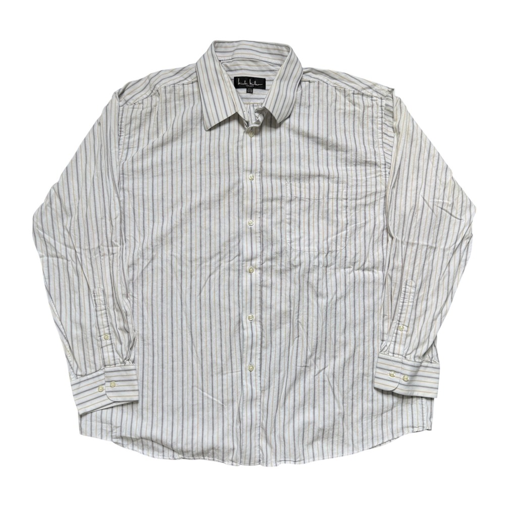 Nicole Miller Mens XL 17.5 34/35 White Brown Striped Cotton Button Down Shirt